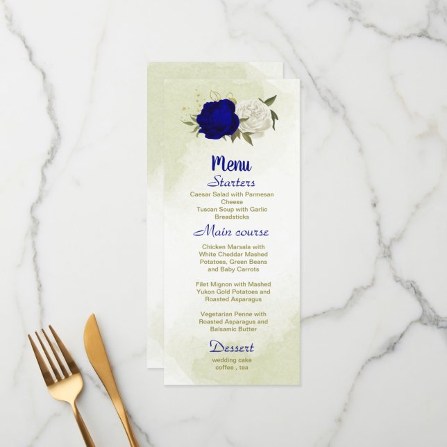 Menu casamento de flores brancas azuis reais (Frente/Verso In Situ)