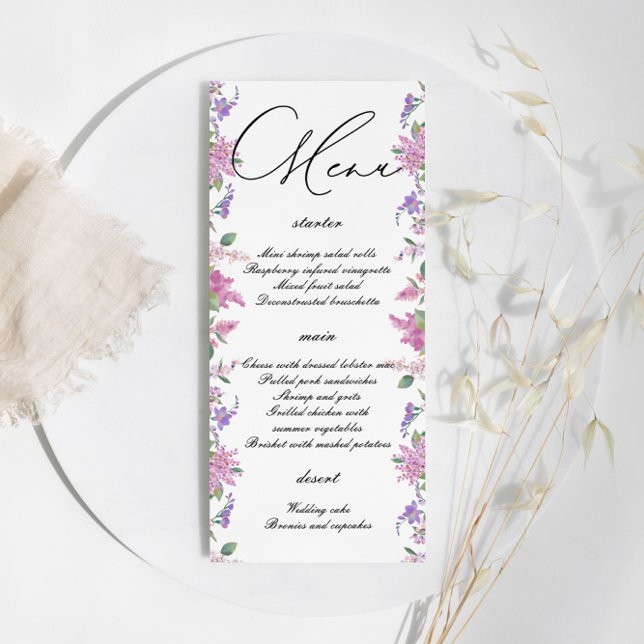Menu Casamento de Flores de Aquarela Lilac (Criador carregado)