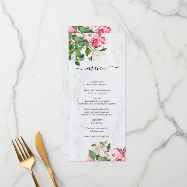 Menu Casamento de Flores de Aquarela Magnolia (Frente/Verso In Situ)