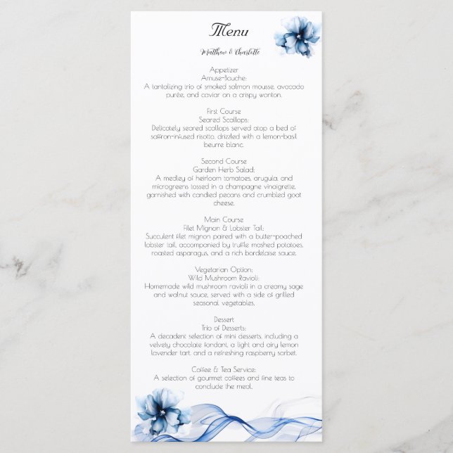 Menu Casamento de Flores de Marinho Azul Elegante Dusty (Frente)
