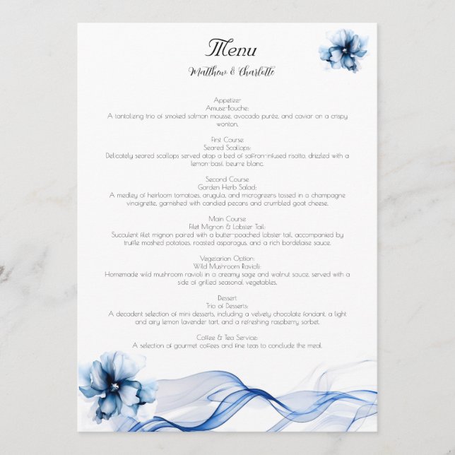 Menu Casamento de Flores de Marinho Azul Elegante Dusty (Frente)