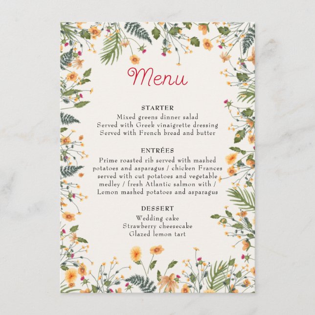 Menu Casamento de Flores de Pedônias de Daffodils Botân (Frente)