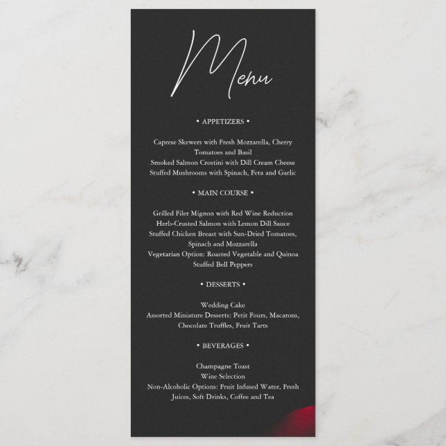 Menu Casamento de flores de pétalas com rosa vermelha d (Verso)