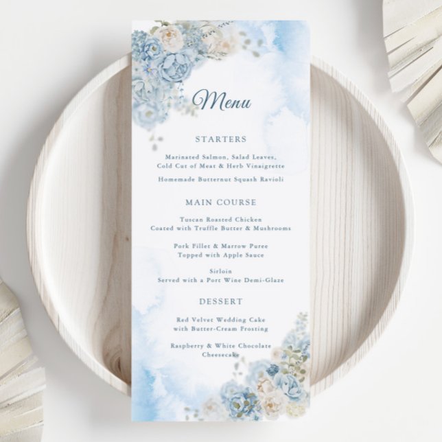 Menu Casamento de Flores de Rosa de Marinha Azul Elegan (Criador carregado)