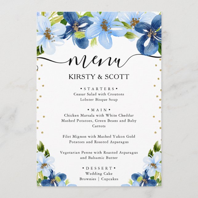 Menu Casamento de Flores de Verão Azuis e Navy (Frente)