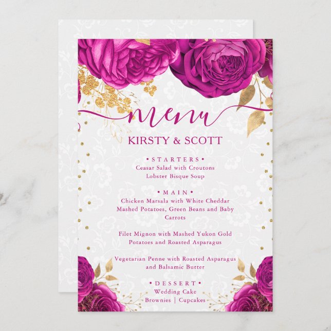 Menu Casamento de Flores Douradas e Rosa de Água (Frente/Verso)