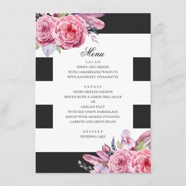 Menu Casamento de flores e penas boho rosa em aquarela (Frente)