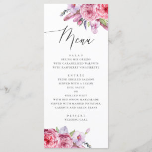 Menu Casamento de flores e penas, cor-de-rosa-d'água