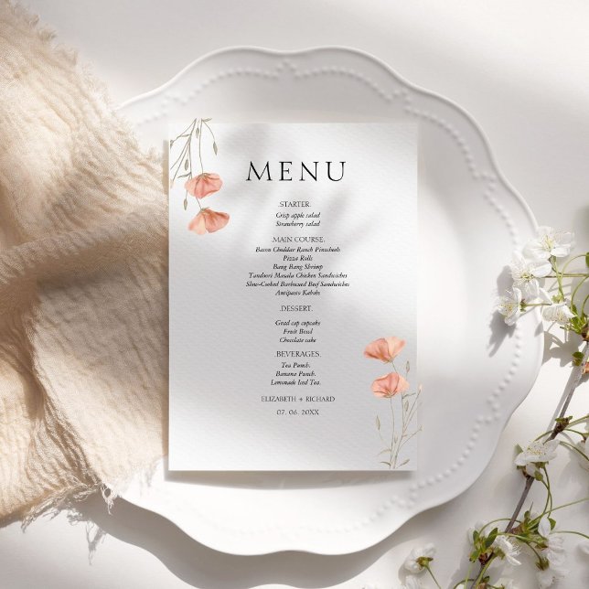 Menu Casamento de Flores Laranja Elegante Popy Meadow (Criador carregado)