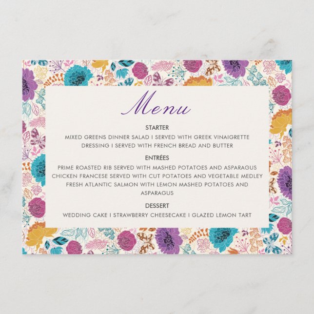 Menu Casamento de Flores Primavera Amarelas Teais Roxas (Frente)