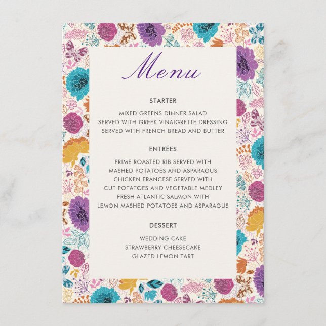Menu Casamento de Flores Primavera Amarelas Teais Roxas (Frente)