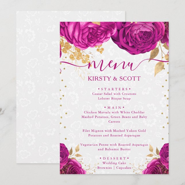 Menu Casamento de Flores Rosa e Dourado em Aquarela (Frente/Verso)
