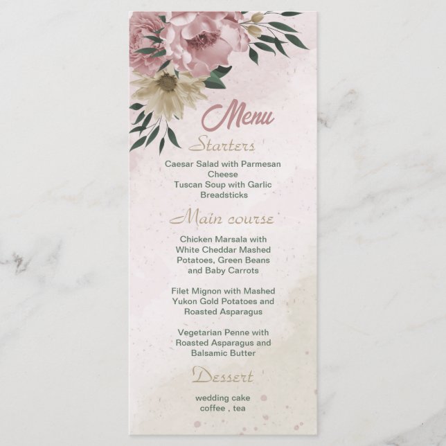 Menu casamento de flores rosa romântica e champanhe (Frente)