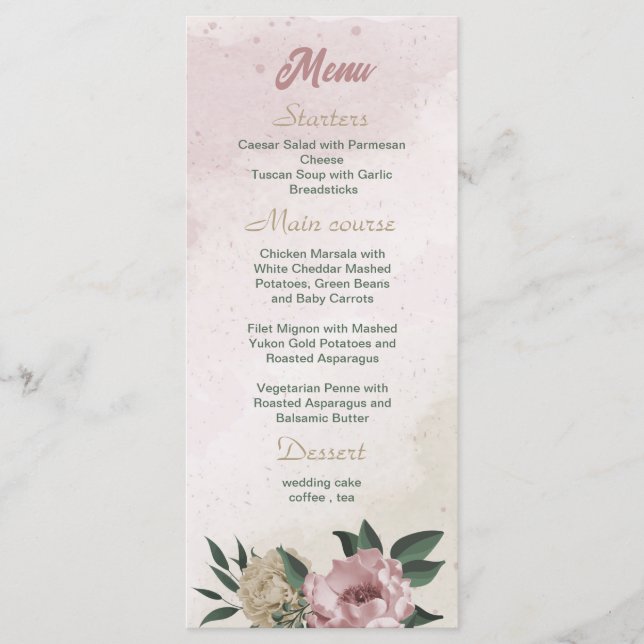 Menu casamento de flores rosa romântica e champanhe (Frente)