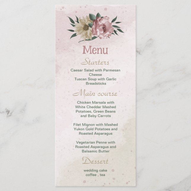 Menu casamento de flores rosa romântica e champanhe (Frente)