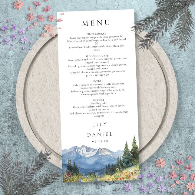 Menu Casamento de Flores Selvagem Moderna das Montanhas (Modern Watercolor Mountain Wildflower Wedding Menu)
