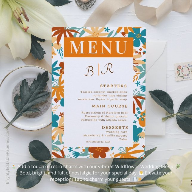 Menu Casamento de Flores Selvagens com Abstrato Brilho  (Elevate your reception with vibrant nostalgia! 🌿💍)