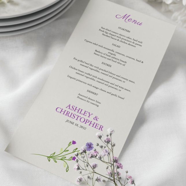 Menu Casamento de Flores Selvagens com Cor de Água Púrp (Criador carregado)