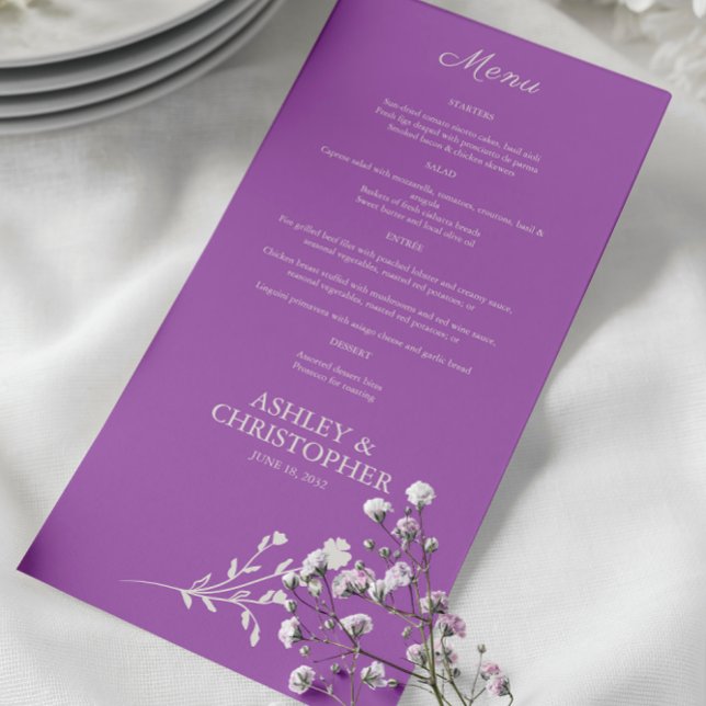 Menu Casamento de Flores Selvagens com Cor de Água Púrp (Criador carregado)