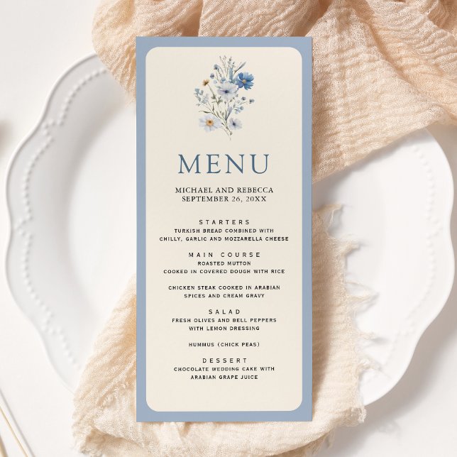 Menu Casamento de Flores Silvestres Boho Azul Empoeirad (Criador carregado)