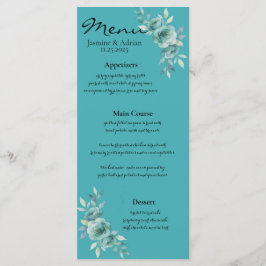 Menu Casamento de Flores Sussurrantes em Azul Turquesa