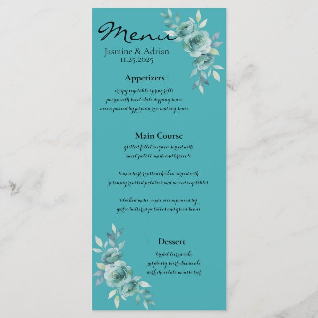 Menu Casamento de Flores Sussurrantes em Azul Turquesa (Frente)