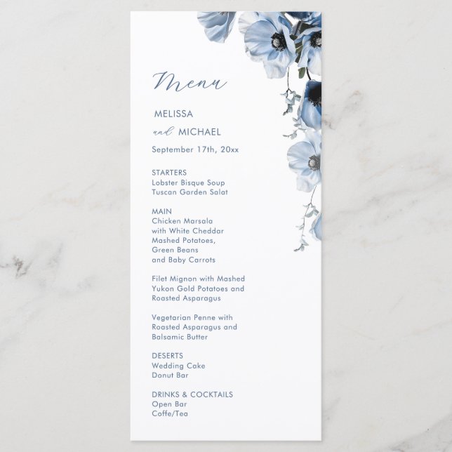 Menu Casamento de Flores Transparentes Azuis (Frente)