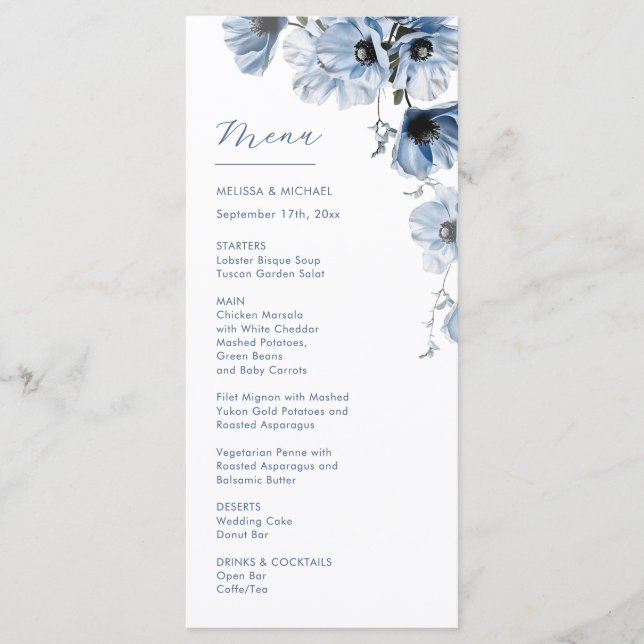 Menu Casamento de Flores Transparentes Azuis (Frente)