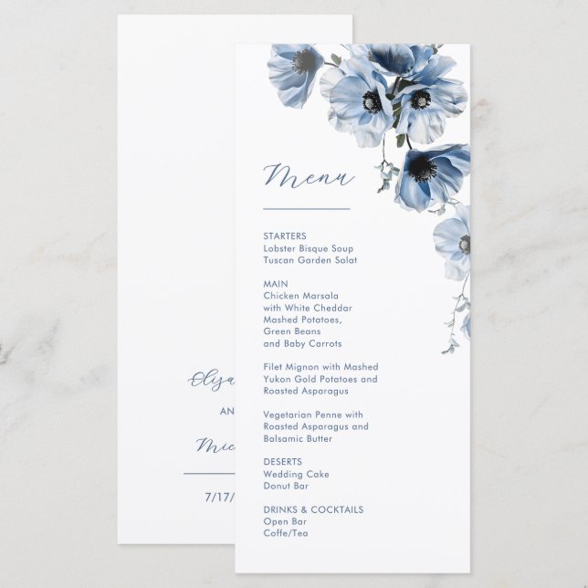 Menu Casamento de Flores Transparentes Azuis (Frente/Verso)