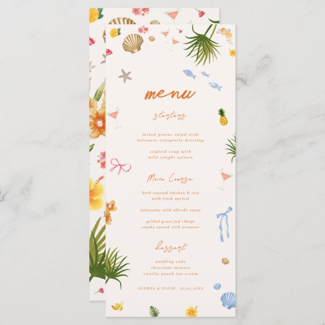 Menu Casamento de Flores Tropicais De Mão Desenhada (Frente/Verso)