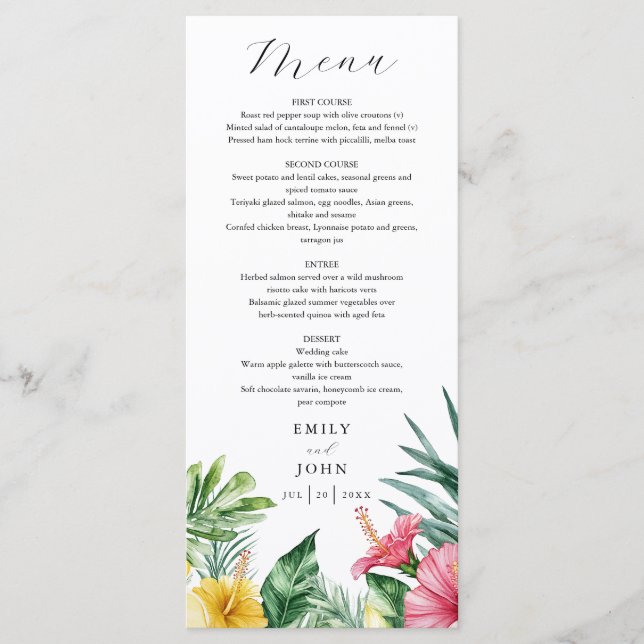 Menu Casamento de Flores Tropicais em Aquarela Elegante (Frente)