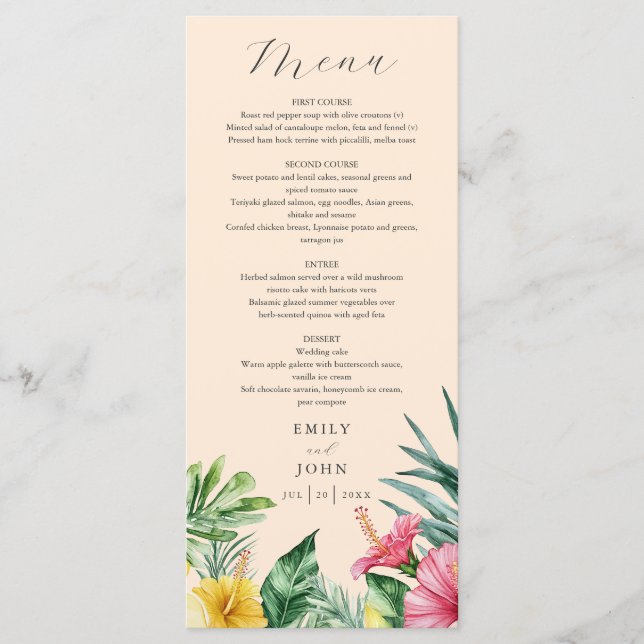 Menu Casamento de Flores Tropicais Peach Elegant Waterc (Frente)
