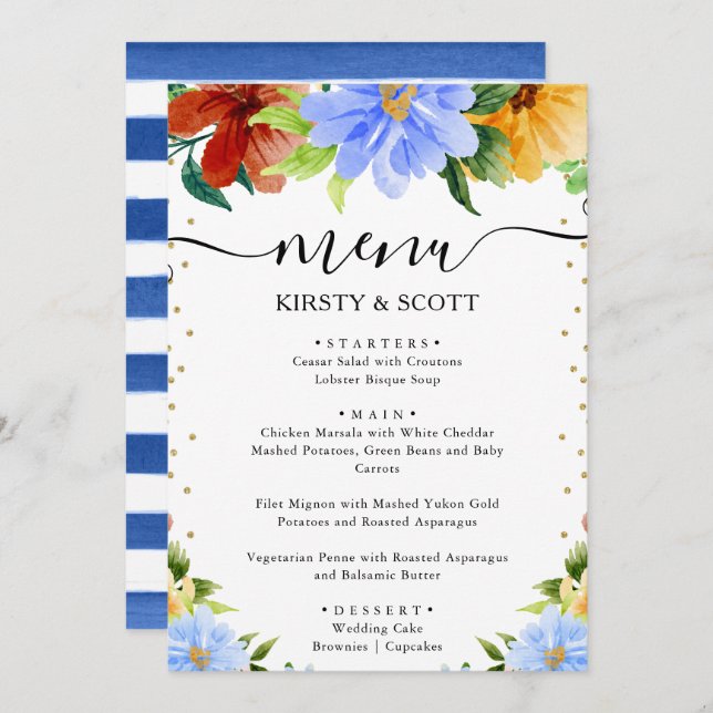 Menu Casamento de Flores Vermelhas, Amarelas e Azuis (Frente/Verso)