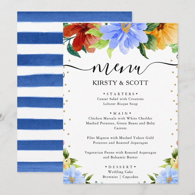 Menu Casamento de Flores Vermelhas, Amarelas e Azuis em (Frente/Verso)