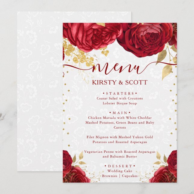Menu Casamento de Flores Vermelhas e Douradas em Aquare (Frente/Verso)