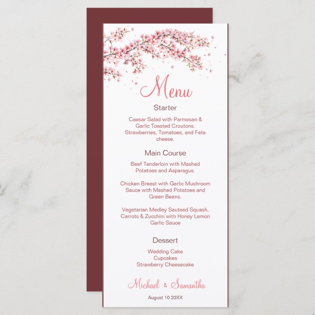 Menu Casamento de Floresta de Cereja Elegante (Frente/Verso)