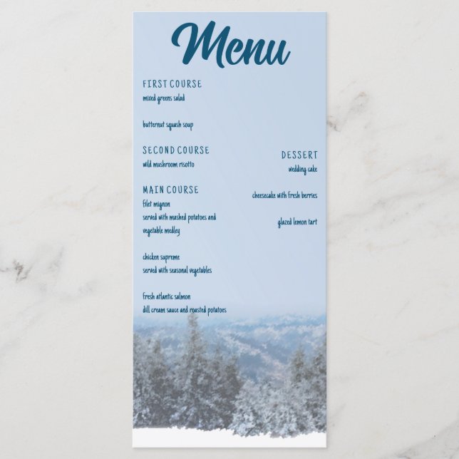 Menu Casamento de Floresta de Montanha Snowy (Frente)