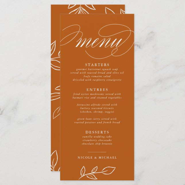 Menu Casamento de Folgas Minimalistas Laranja Queimadas (Frente/Verso)