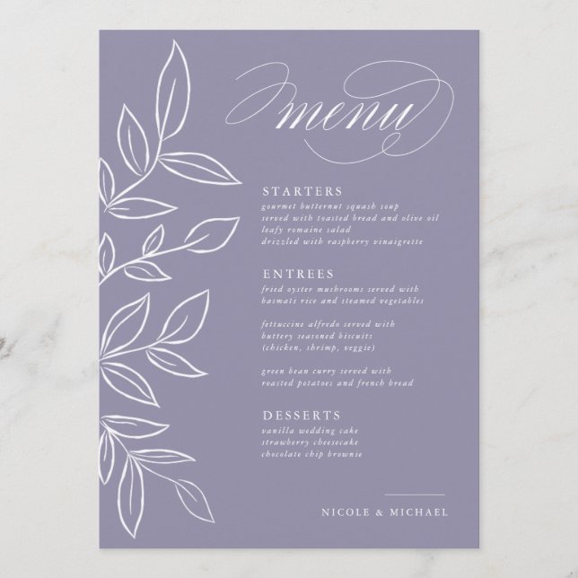 Menu Casamento de Folgas Mínimas Violetas e Violeta Ele (Frente)