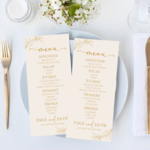 Menu Casamento de Folha de Leaf Dourada de Beige minima