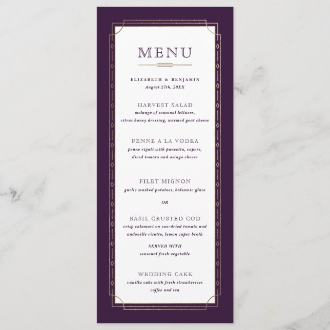 Menu Casamento de Folha de Ouro Púrpura de ameixa Branc (Frente)