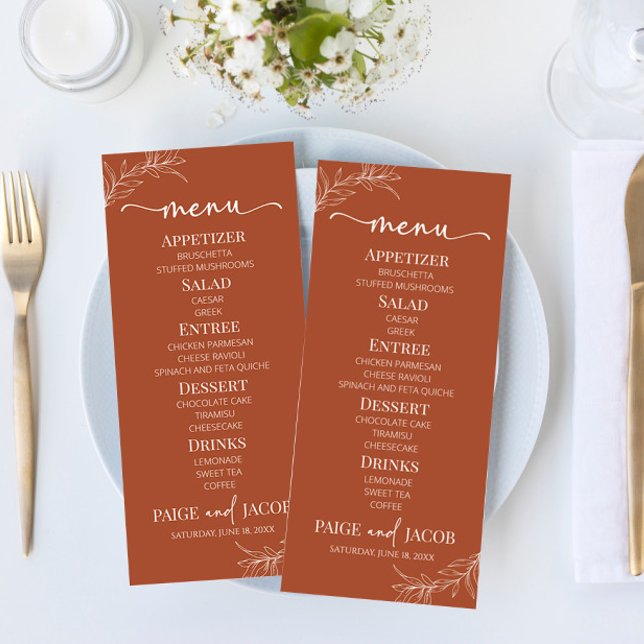 Menu Casamento de Folha do Ramo Terracotta Minimalista  (Criador carregado)