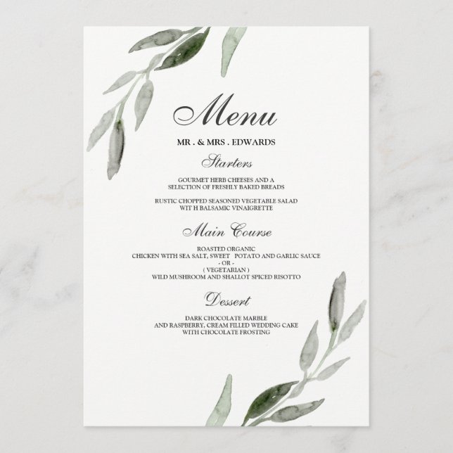 Menu Casamento de Folha Verde Elegante Watercolor (Frente)
