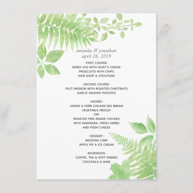 Menu Casamento de Folhagem de Watercolor Greenery (Frente)