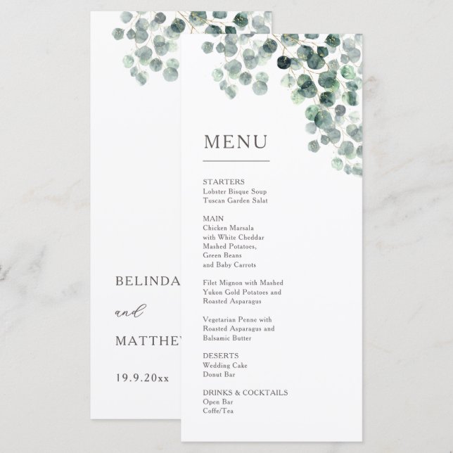Menu Casamento de Folhas de Eucalipto em Aquarela (Frente/Verso)