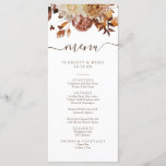 Menu Casamento de Folhas Elegante<br><div class="desc">Este elegante cardápio de casamento apresenta cor d'água queimada à mão,  laranja queimada e folhas de terracota,  creme e dálias beges,  e belas rosas de cor ferrugem em fundo branco. Localizar itens correspondentes na Coleção Romance do outono Branco.</div>