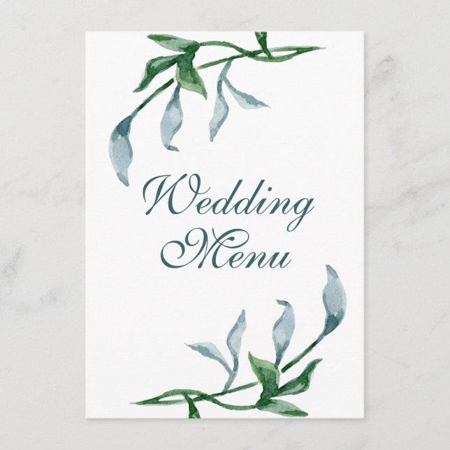 Menu Casamento de Folhas Florais Verdes Azuis de Água (Frente)