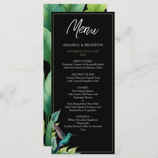 Menu Casamento de Folhas Tropicais Emerald Hummingbird (Frente/Verso)