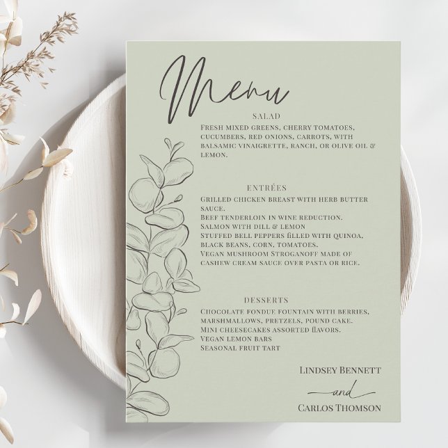 Menu Casamento de folhas verdes, guiadas minimamente (Criador carregado)