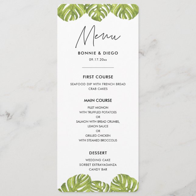 Menu Casamento de folhas verdes tropicais (Frente)
